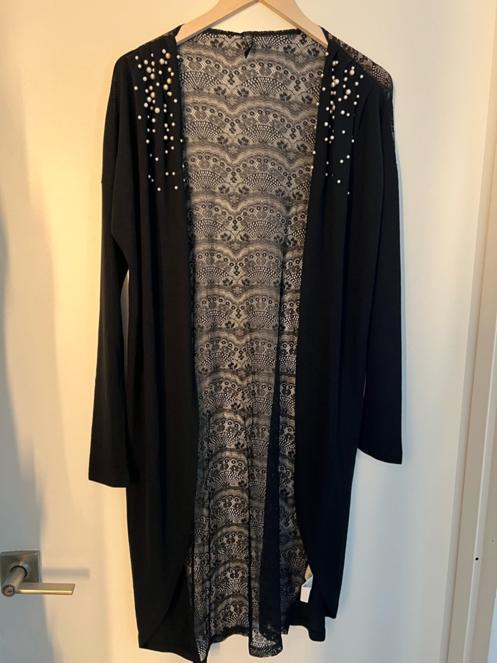 Kikiriki Black Open-Front long Women's Cardigan w/ Pearl Shoulder Accents size S